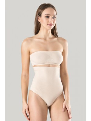 MiraLive Kadın Ten Dikişsiz Eksta Yüksek Bel Silikon Mideli String 1 Beden Inceltici Külot Korse