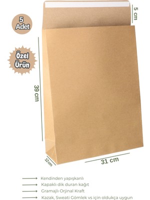 UltraMint 5 Adet 30X45 cm Kraft Körüklü Duran Hediye Paketi Seti