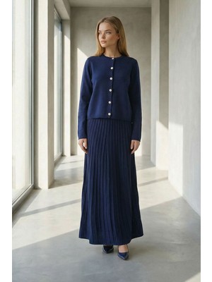 Lior Design Lacivert Bisiklet Yaka Düğmeli Hırka ve Pliseli Midi Boy Etek Takım BCHPK-251252