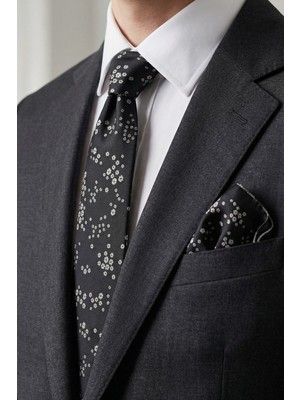 Milleniva Çiçekli Siyah Kravat & Mendil