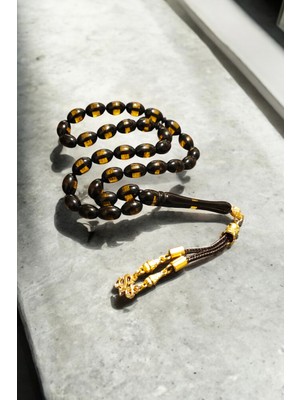 UltraMint Sürmeli Sarı Kehribar Tesbih ve Harfli Kutu Seti Sevgililer Günü Hediyesi