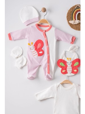 Beruflic Kelebek Nakışlı Puanlı Tulumlu % 100 Pamuk Kız Bebek 5'li Set