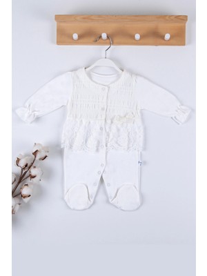 Beruflic Gofralı Fransız Güpürlü % 100 Pamuk Kız Bebek Tulumu