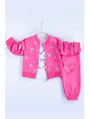 Beruflic Kalp Desenli Hırkalı Pamuklu 3'lü Kız Bebek Takımı