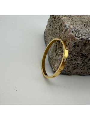 Mare Accessories Taş Detaylı Kalın Gold Çelik Kelepçe Bileklik
