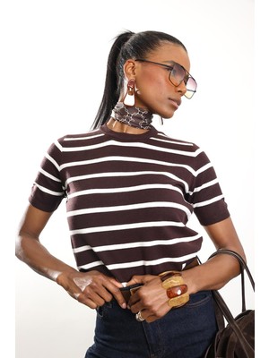 5in1Canpolat Kahverengi Çizgili Kısa Kol Triko 4562