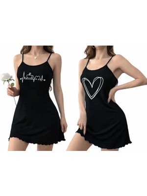 Kadın Siyah Baskılı Ince Askılı Mini Gecelik - Pamuklu Esnek Rahat Ev Elbisesi Seti