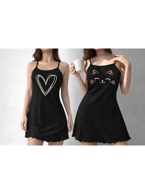 Kadın Siyah Figür Baskılı Ince Askılı Gecelik - Pamuklu Mini Ev Elbisesi Seti