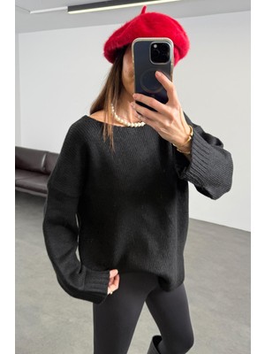 5in1Canpolat Siyah Arkası Dantel Detaylı Kazak 0148