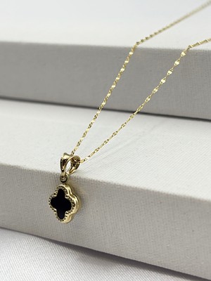 UltraMint 14 Ayar Altın Zincir ile Siyah Taşlı Yonca Kolye, Sevgililer Günü Hediyesi