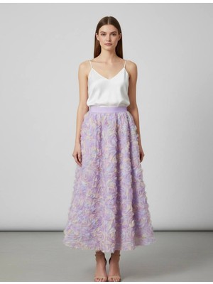 Rabiossa Kadın Pembe Tül Üzeri Üç Boyutlu Floral  Etek