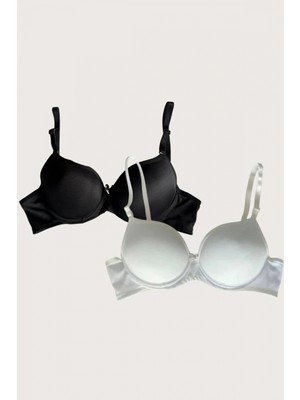 MiraLive Beyaz-Siyah 2'li Mikro Kumaş Içi Boş Balenli Günlük Desteksiz Sütyen