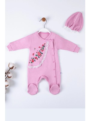 Beruflic Çiçek Nakışlı Şapkalı % 100 Pamuk Kız Bebek Tulumu