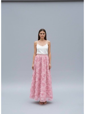 Rabiossa Kadın Pembe Tül Üzeri Üç Boyutlu Floral  Etek
