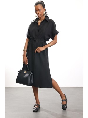 5in1Canpolat Siyah Beli Büzgülü Tensel Elbise 070