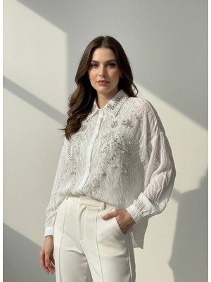 Rabiossa Kadın Inci ve Kristal Işlemeli Jakarlı Gömlek