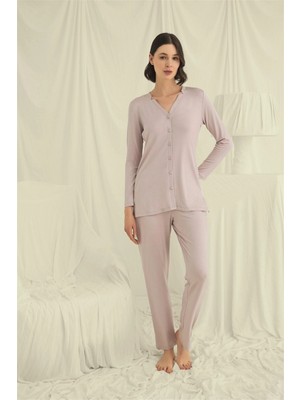 MiraLive Uzun Kollu Düğmeli V Yaka Pijama Takımı