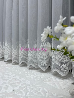 Perdecity Bambu Ttm Zemin Eteği Nakışlı Tül Perde 1x2,5 Pile Ütü Istemez Kırışma Yapmaz Her Odaya Uygun