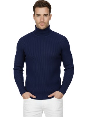 Deepsea Erkek Açık Lacivert Ince Fitilli Tam Boğazlı Balıkçı Yaka Tüylenmeyen Triko Kazak 2505498