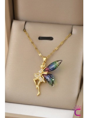 UltraMint Altın Kaplama Melek Kanatlı Zirkon Taşlı Paslanmaz Kolye