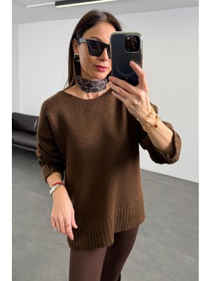 5in1Canpolat Kahverengi Arkası Dantel Detaylı Kazak 0148