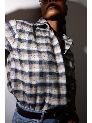 5in1Canpolat Kahverengi Taş Işlemeli Kareli Gömlek 2688