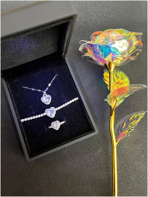 UltraMint Işıklı 3'lü Takım: Kalpli Yüzük, Bileklik, Çelik Kolye, Sevgililer Günü