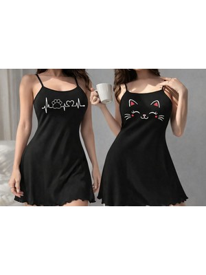 Kadın Siyah Kedi ve Pati Baskılı Ince Askılı Mini Gecelik Seti - Pamuklu Rahat Ev Elbisesi