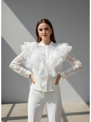 Rabiossa Kadın V Yaka Volanlı Dantel Gömlek