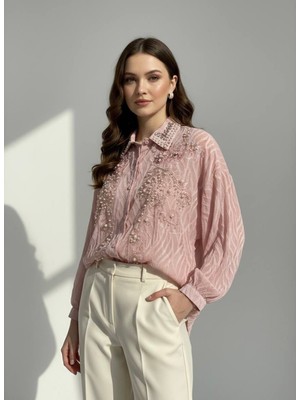 Rabiossa Kadın Inci ve Kristal Işlemeli Jakarlı Gömlek