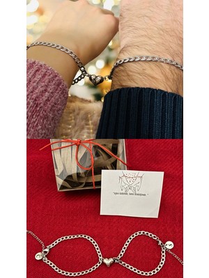 UltraMint Sevgililer Için 2'li Kalpli Mıknatıs Çelik Bileklik Seti