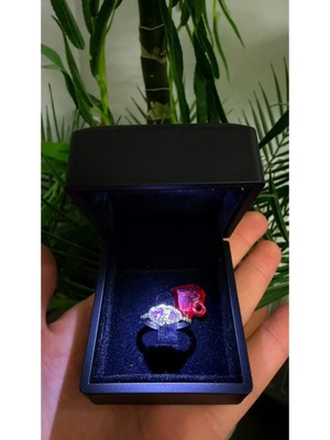 UltraMint Sevgililer Günü Şık Işıklı Çift Kalpli Gümüş Yüzük Seti