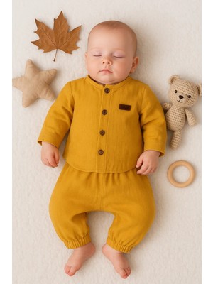 Beruflic Oval Kesim 5 Düğmeli Müslin Kumaş 2'li Erkek Bebek Takımı
