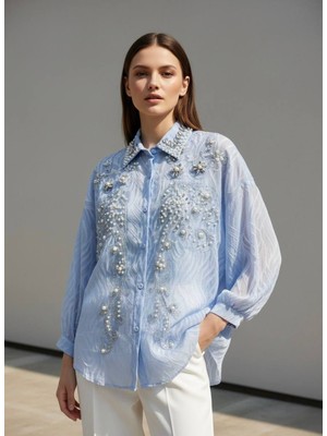 Rabiossa Kadın Inci ve Kristal Işlemeli Jakarlı Gömlek