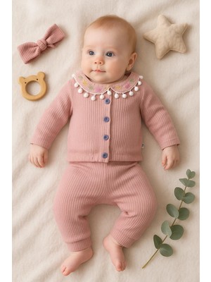 Beruflic Çiçek Nakışlı Düşmeli Bandanalı Kız Bebek Takımı