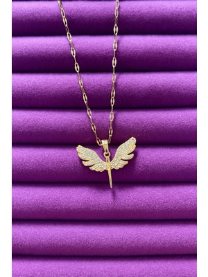 UltraMint Sevgililer Günü Özel 925 Ayar Gold Zincirli Yusufçuk Kolye, Zirkon Taşlı