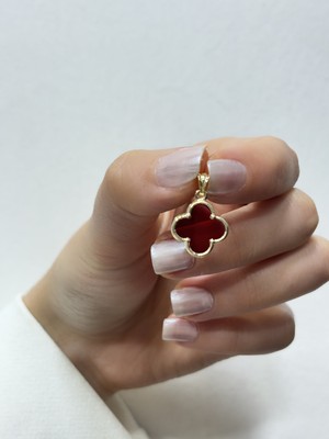 UltraMint 14 Ayar Altın Bordo Taşlı Yonca Kolye Ucu, Zarif ve Şık Hediye