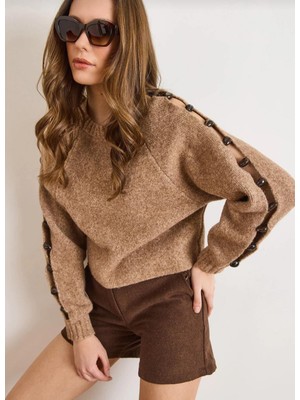 Anbly Collection Yün Karışımlıbisiklet Yaka Kolları Aksesuarlı Yumoş Kadın Kazak