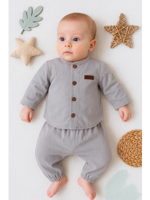 Beruflic Oval Kesim 5 Düğmeli Müslin Kumaş 2'li Erkek Bebek Takımı
