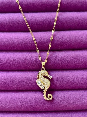 UltraMint Sevgililer Günü Özel 925 Ayar Gold Zirkon Deniz Atı Kolye Hediye Kutulu