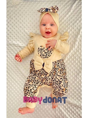 Beruflic Leopar Desenli Fiyonklu % 100 Pamuk Kız Bebek Tulum