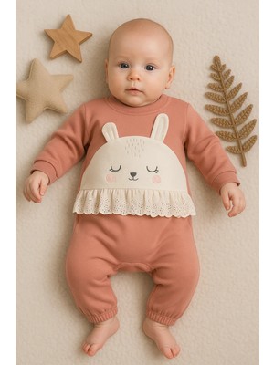 Beruflic Tavşan Nakışlı Güpürlü % 100 Pamuk Kız Bebek Tulum