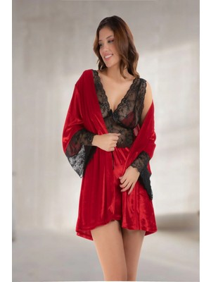 Narnuga Miraxx Kırmızı Kadife Sabahlık & Gecelik Takım 2' Li - 1442