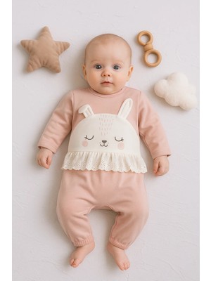 Beruflic Tavşan Nakışlı Güpürlü % 100 Pamuk Kız Bebek Tulum