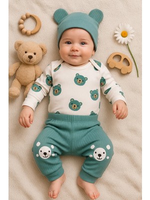 Beruflic Kulaklı Ayıcık % 100 Pamuk 3'lü Erkek Bebek Takım