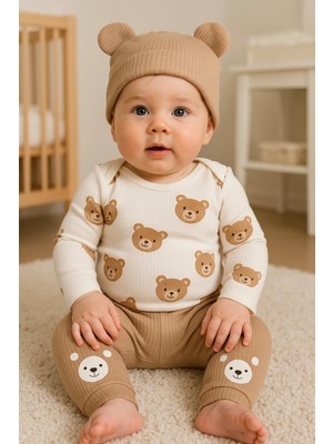 Beruflic Kulaklı Ayıcık % 100 Pamuk 3'lü Erkek Bebek Takım