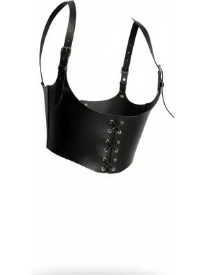 Omuzdan Askılı Deri Korse Kemer, Siyah Kadın Deri Kemer - APFT1428