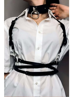 Belden Ayarlı Bağlamalı Deri Korse Kemer ve Choker Tasma Takım - APFT644