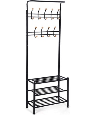 Delixa HSR04B Portmanto, 18 Askılı 3 Ayakkabı Raflı, Metal, Siyah, 68,8 x 35,2 x 187 cm