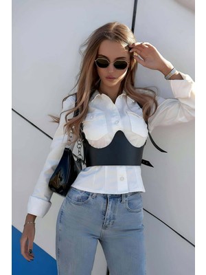 Boyundan Ayarlanabilir Göğüs Detaylı Askılı Deri Korse Bel Kemeri - APFT614